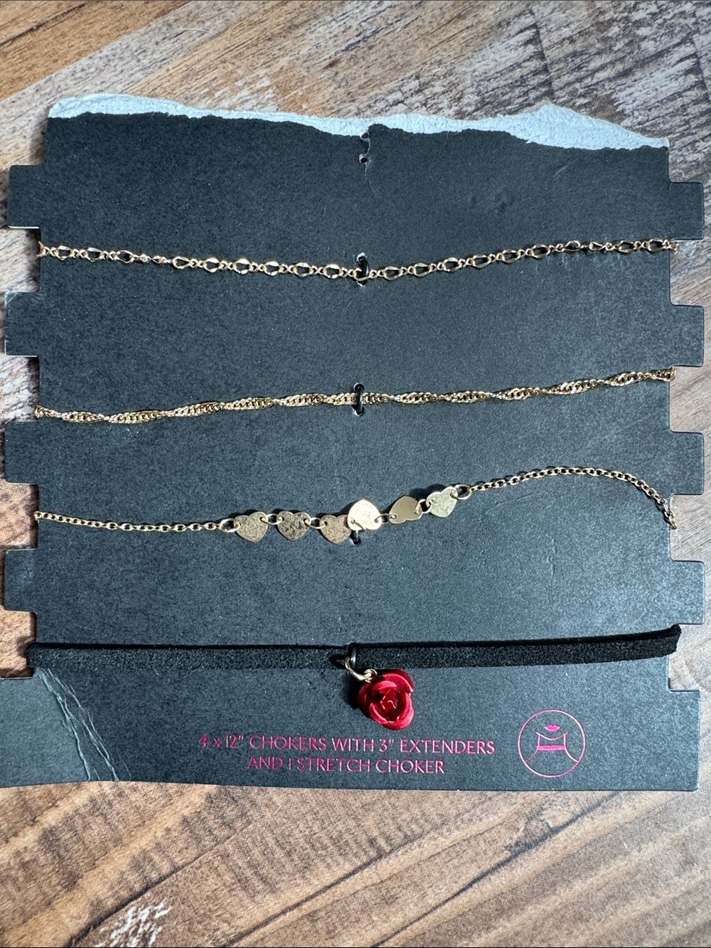 Gold-Tone Layered Choker Set with Red Rose Pendant